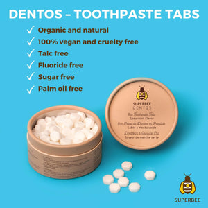 SuperBee Dentos 100 Toothpaste Tablets, Fluoride Free & Eco Friendly, Sensitive Bites for Kids and Adults, Chewable Spearmint